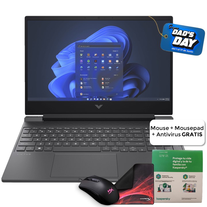 Laptop HP Victus 15-fb0103la 15.6" AMD Ryzen 5 5600H 8GB RAM 512GB SSD NVIDIA GeForce RTX 3050 4GB GDDR4 Negro W11 Home Teclado Español + Mousepad + Mouse HyperX + Antivirus Kaspersky GRATIS