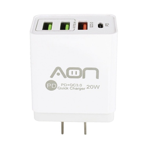 [810098150033] Cargador de Pared AON AO-CR-1004 Puertos USB y USB-C 20W Blanco